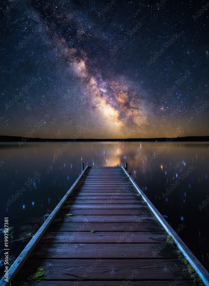 Fototapeta premium The Milky Way galaxy band shining over a still lake with a wooden dock stretching into the water for , travel advertising and outdoor adventure campaigns
