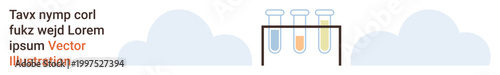 Science, education, chemistry, research, experimentation, laboratory. Three test tubes filled with colorful liquid on a stand against a cloudy backdrop. Science and education concept