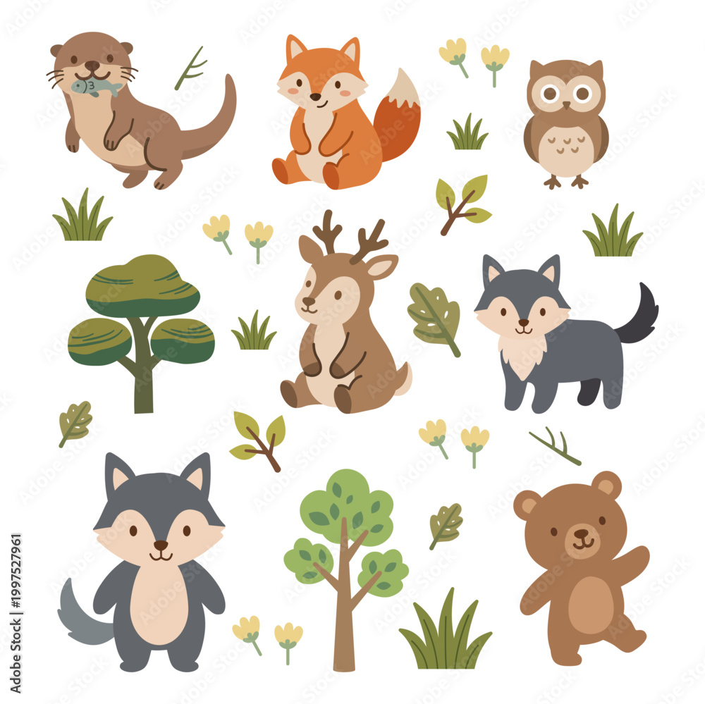 Fototapeta premium Cute animal set with wolf, deer, bear and otter catching fish in flat vector forest illustration style.