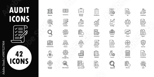 Collection of 42 black and white audit including business, finance, and inspection symbols
