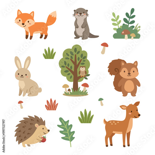 Woodland theme illustration set with fox, rabbit, deer and squirrel surrounded by trees and mushrooms.