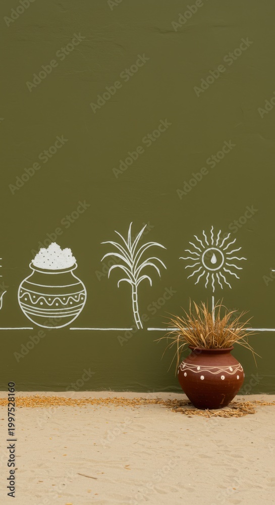 Naklejka premium Olive green textured wall with harvest festival line art and a ceramic pot on sand for cultural branding, seasonal event marketing and traditional background use