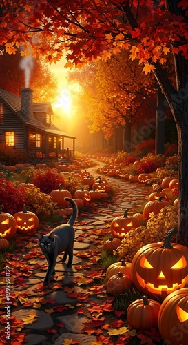 Cozy cabin path lined with glowing jack-o'-lanterns and autumn leaves