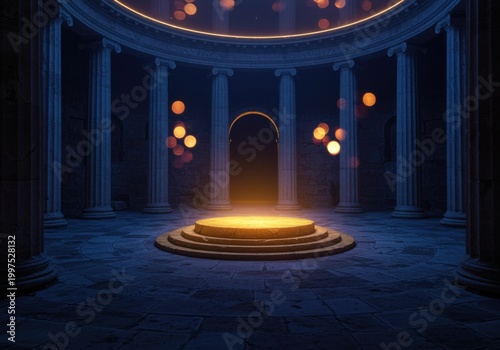 Ancient stone columns and round chamber interior with glowing central platform for fantasy world building, cinematic gaming backgrounds and mystery book covers