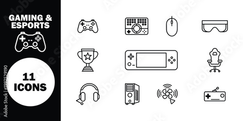 Gaming and esports 11 black line on white and black background, line black and white