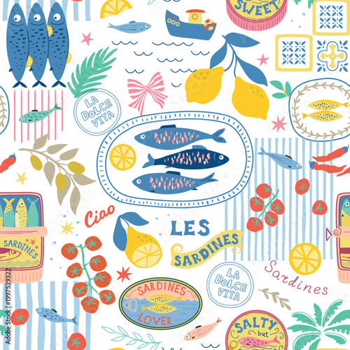 La dolce vita seamless pattern decorated canned sardines, tomatoes, lemons stripes. Hand drawn Mediterranean seafood repeat background. Vector summer textile design, fashion, fabric, wallpaper, print.