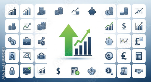 Financial growth chart with upward arrow and business icons.