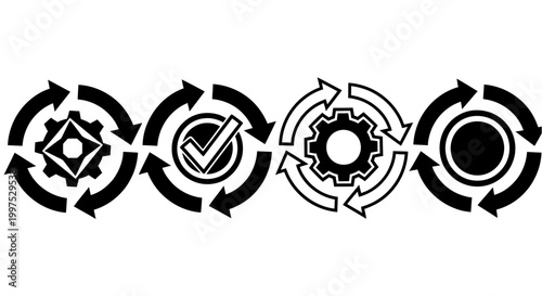 Intricate black and white circular designs with gears and arrows a modern geometric pattern