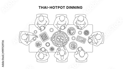 Top view line illustration of people sharing meal at dining table, hotpot and dishes, social gathering and food concept in clean minimal outline style