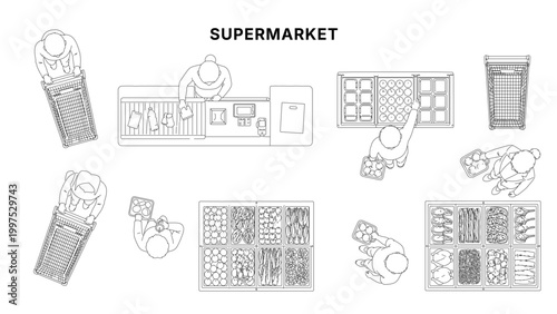 Top view line illustration of supermarket shopping scene with customers, carts and product aisles, checkout and grocery layout in clean minimal architectural outline style
