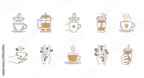 Coffee culture a collection of line art illustrations depicting various coffee elements and preparation methods