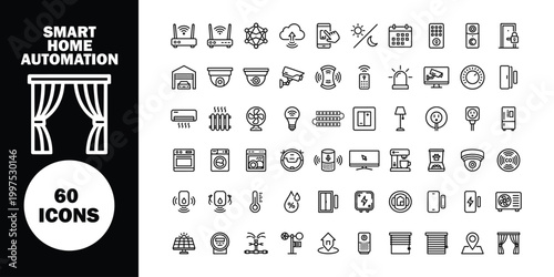 Smart home automation set, 60 black and white line black and white technology home control