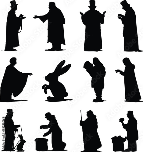 Collection of twelve black silhouette illustrations of magicians and rabbits performing various magic tricks and actions, showcasing their theatrical gestures.
