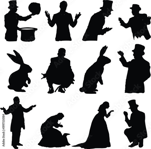 Collection of black silhouettes depicting various magician performances including rabbits and hats, representing illusion and stage artistry