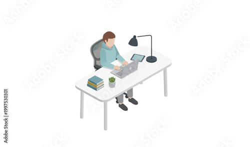 Isometric work from home office scene with character laptop desk remote working vector illustration