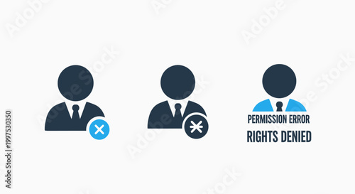 Icons illustrating permission error access denied rights denied for user access control permission security management authentication authorization restriction prohibited forbidden