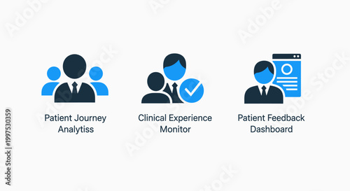 Icons depicting patient journey analysis clinical experience monitoring patient feedback dashboard analysis clinical experience feedback dashboard healthcare hospital information
