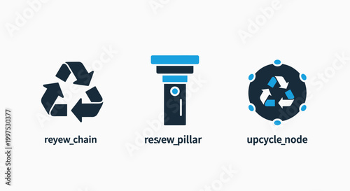 Icons representing recycling chain renewal pillar upcycling node concepts eco friendly circular economy flat design graphic resources recycling upcycling sustainability environment