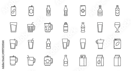 Collection of beverage container icons in black and white line art style