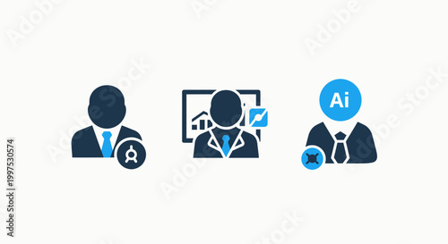 Business analytics and AI concept icons data charts and human silhouettes artificial intelligence analytics business performance strategy management analysis information statistics progress
