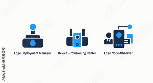 Edge computing icons: manager provider observer devices with internet of things technology provider observer computer processing distributed connection communication interface monitoring