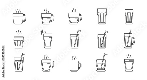 Minimalist line art collection of various beverage containers with steam and straws