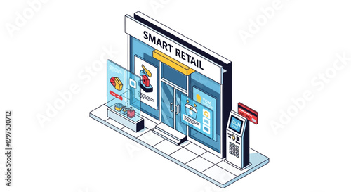Isometric Smart Retail Storefront Illustration with Digital Displays, Automated Payment Kiosk, and Futuristic E-commerce Shopping Technology