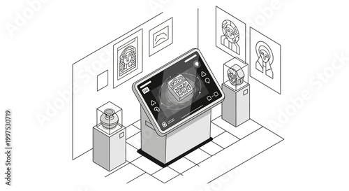 Modern Digital Museum Exhibit Isometric Illustration with Interactive Touchscreen Kiosk and Historical Artifacts