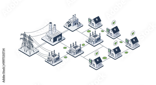 Isometric Smart Grid Energy Distribution Network Illustration for Sustainable Power Management and Green Infrastructure