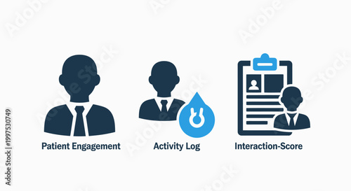Patient engagement activity log interaction score icons with engagement activity interaction analysis tracking healthcare business performance management dashboard statistics information