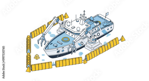 Isometric Ocean Cleanup Vessel with Robotic Arms Collecting Plastic Waste, Marine Technology and Environmental Conservation Concept