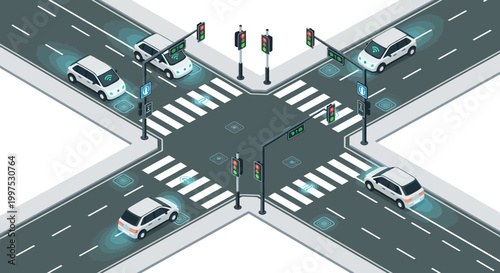 Isometric Smart City Intersection with Autonomous Vehicles, IoT Connected Traffic Lights, and Self-Driving Electric Cars