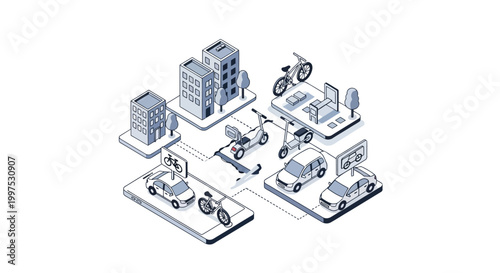 Isometric Smart City Mobility Concept with Shared Transportation App, Cars, Bikes, and Electric Scooters in Minimalist Line Art Style