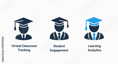 Icons representing virtual classroom student engagement learning analytics with online learning graduation cap digital education e learning business education students academic