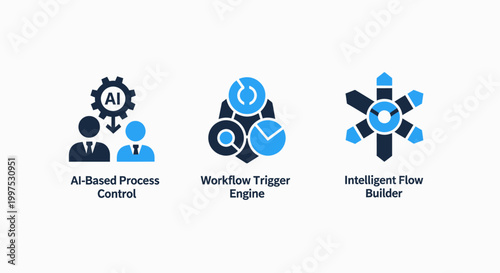 Icons representing AI based process workflow trigger intelligent flow with artificial intelligence flat design machine learning deep learning automation workflow technology business management