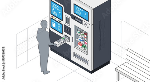 Isometric Illustration of Automated Pharmaceutical Vending Machine and Medicine Dispensing Kiosk in a Clinic or Public Space