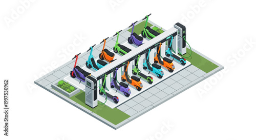 Isometric Electric Scooter and Moped Charging Station. Modern Urban Micro-mobility Hub with Green Energy Infrastructure. Sustainable City Transportation Vector Illustration.