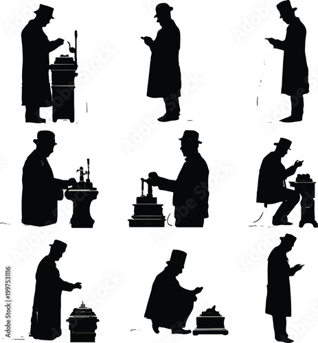 A collection of nine historical silhouettes depicting gentlemen in formal attire engaging with various early communication devices, showcasing vintage technology and old-fashioned interactions.