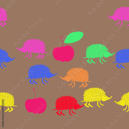 Horizontal  colored hedgehogs. Hand drawn.