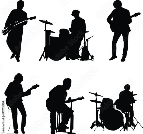 An ensemble of expressive black silhouettes depicting a diverse group of musicians passionately playing their musical instruments, perfect for graphic design or music-related promotions.