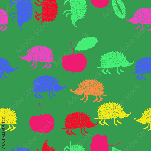 Seamless  colored hedgehogs. Hand drawn.