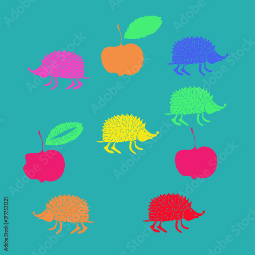Design  colored hedgehogs. Hand drawn.