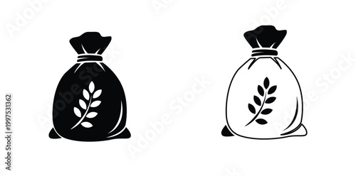 Minimal Flour Sack Icons with Wheat Ear, Organic Grain Storage & Agriculture Vector Set