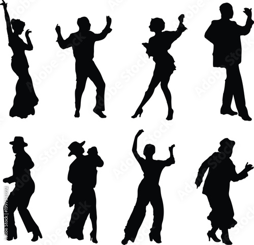 A vibrant collection of diverse human silhouettes gracefully posing and dancing, perfect for various design and illustration projects showcasing movement and elegance.