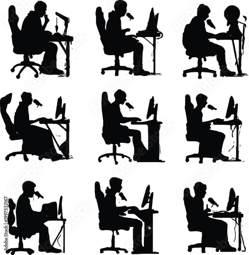 Silhouettes of diverse young male gamers and streamers sitting at their desks while using microphones and computer monitors to record professional audio content for digital broadcasting