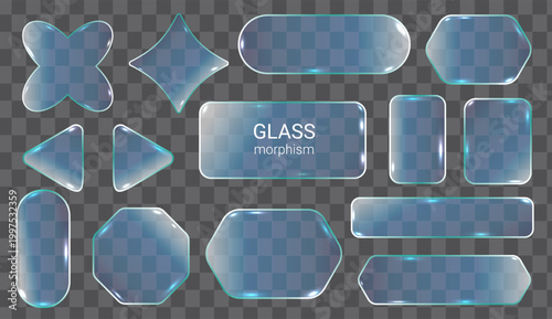 Collection of glass morphism buttons and shapes with light reflections