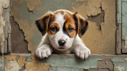 Cute puppy looking up from behind a brick ledge