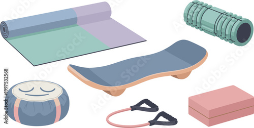 Wellness and Fitness Equipment Icon Set Featuring Yoga Mats, Foam Roller, Resistance Bands, and Balance Board for Home Exercise and Stretching Illustrations