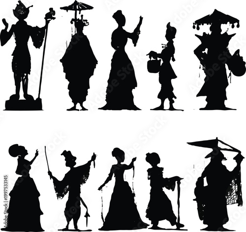A captivating ensemble of ten unique black silhouettes, meticulously crafted to represent diverse characters and traditional forms, evoking the charm of classic shadow puppet art.