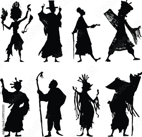 Collection of diverse silhouette figures in traditional costumes, showcasing elaborate headdresses and elegant flowing garments, each distinct in posture and detail.